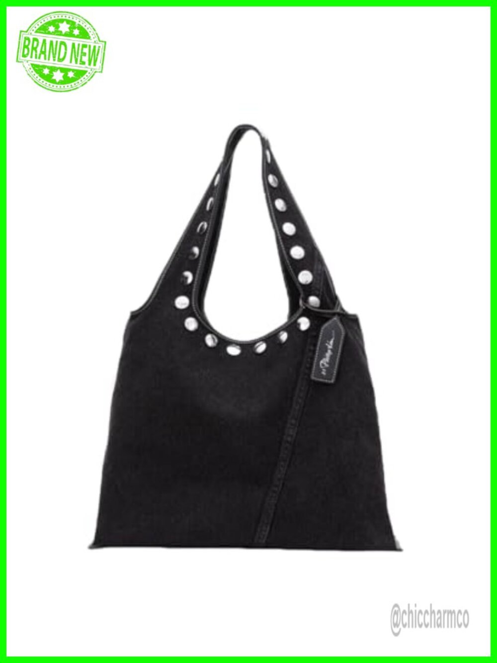 Washed Denim Market Tote with Studs, Leather Lined, Lightweight